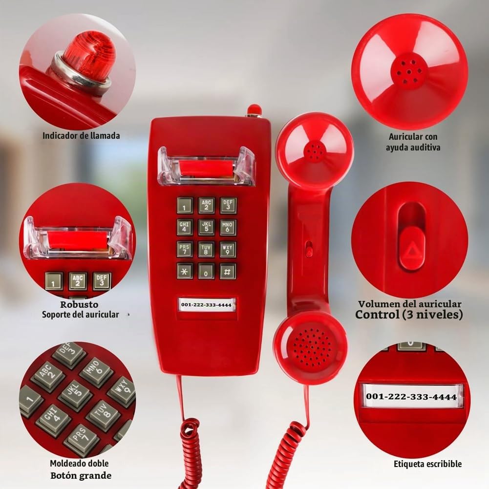 TeléFonos de Pared CláSicos para TeléFono Fijo con Timbre MecáNico, TeléFono de Pared de una Sola LíNea 2554 con Indicador de Correo de Voz, Rojo
