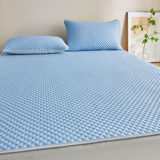 Coprimaterasso rinfrescante antiscivolo, estivo, traspirante, in seta di ghiaccio, morbido, solido, lavabile, per chi dorme caldo e suda di notte (celeste, 150 x 200 cm)