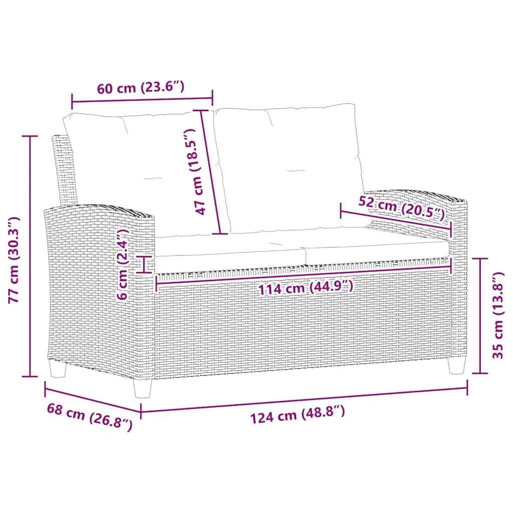 vidaXL Sofá de Jardín 2 Plazas y Cojines Asiento Patio Piscina Balcón Tumbona Salón al Aire Libre Exterior Cómodo Ratán Sintético Negro 124 cm