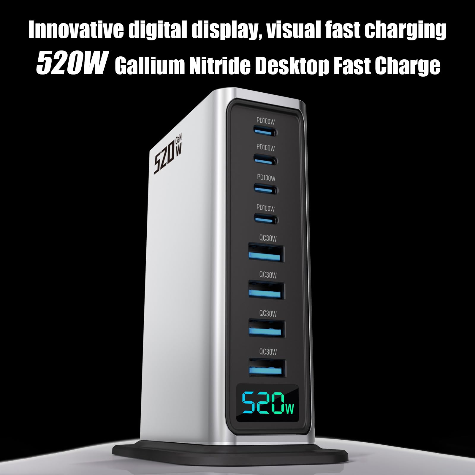 Szybka ładowarka USB, 520 W, USB C, z wyświetlaczem cyfrowym, 8 portów USB, stacja ładująca z GAN III i PD 3.0, stacja szybkiego ładowania z 4 USB C i 4 USB A do telefonu, tabletów, laptopów (520 W)