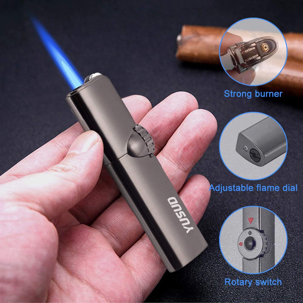 Yusud Torch Cigar Lighter, Butane Fuel Refillable, Blue Fire Jet Flame