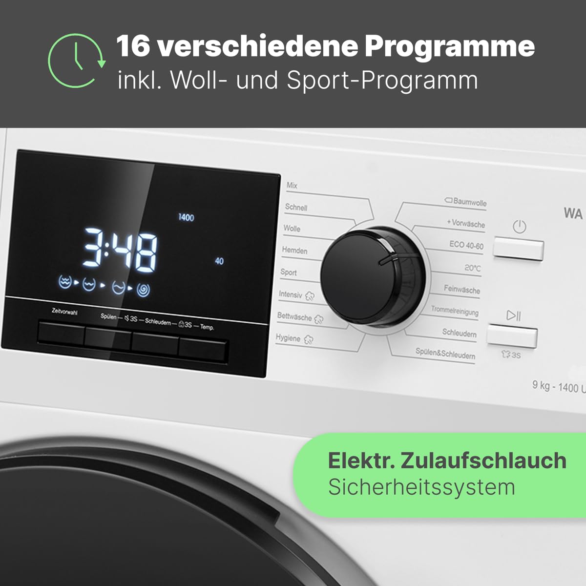 Bomann® Waschmaschine 9kg | inkl. Aqua-Stop | 1400 U/min | Bürstenloser DC-Motor: effizient, leise und langlebig | bis 95°C | 16 Programme | Endzeitvorwahl | Washing Machine | WA 7196