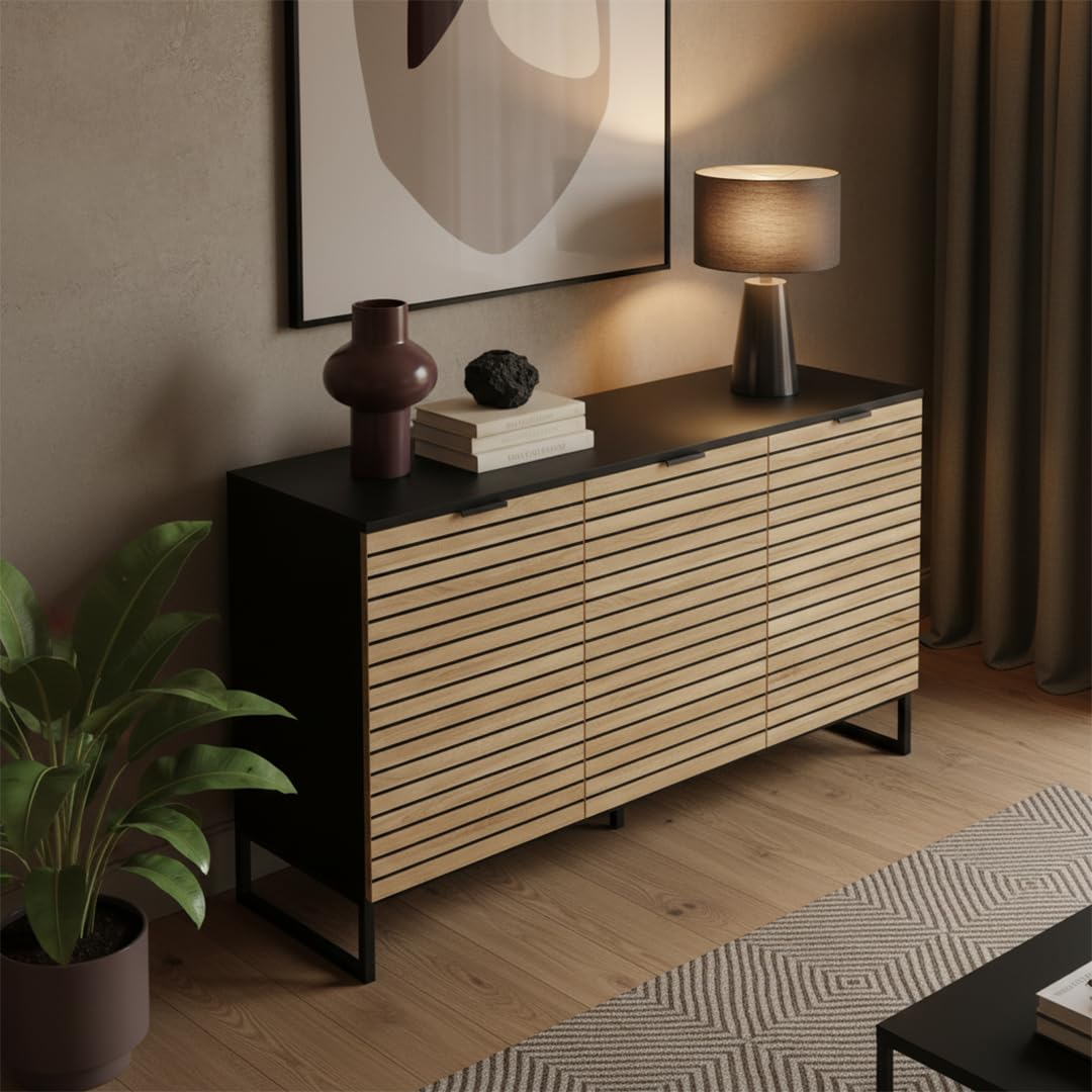 Bellamio Luvua Kommode mit 6 Fächern – Sideboard in schwarz mit Eichen-Front – Lowboard mit 3 Türen – Aufbewahrungskommode für Wohnzimmer, Schlafzimmer, Flur – Holz Schrank 80 x 40 x 135 cm (HxTxB)