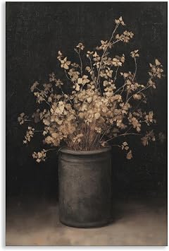 Fall Dried Flowers Vase Canvas Wall Art, Moody Dark Autumn Floral Still Life Poster, Victorian Botanical Painting, Gothic Dark Academia Halloween Print Wall Decor 12x16in Unframed