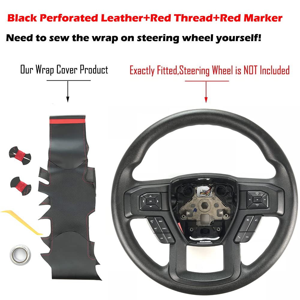 Black Side Perforated Leather Red Marker Steering Wheel Protector Cover Hand-Stitch on Wrap Fit For Ford F-150 F250 King Ranch/Lariat/XL/XLT/Limited/Platinum/Police Responder 2015-2020 (Black Leather)