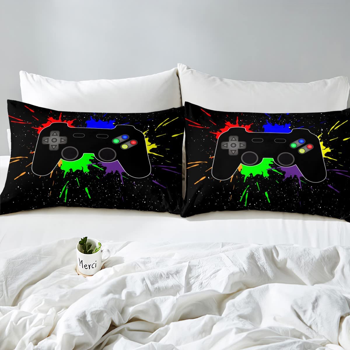 Loussiesd Set Biancheria Da Letto Gaming 135x200 - Copripiumino Con Controller, Federa, Microfibra Traspirante