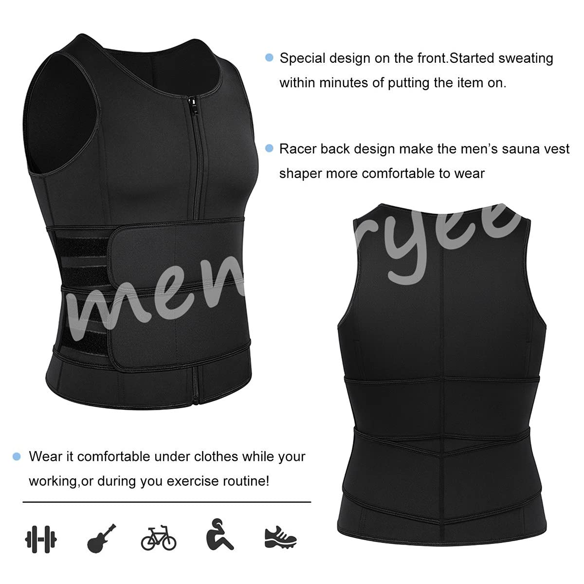 Memoryee Homme Sweat Gilet Néoprène Entraînement Chemise Corps Shaper Sauna Costume Taille Formateur Sport Fitness Fermeture Éclair Débardeur