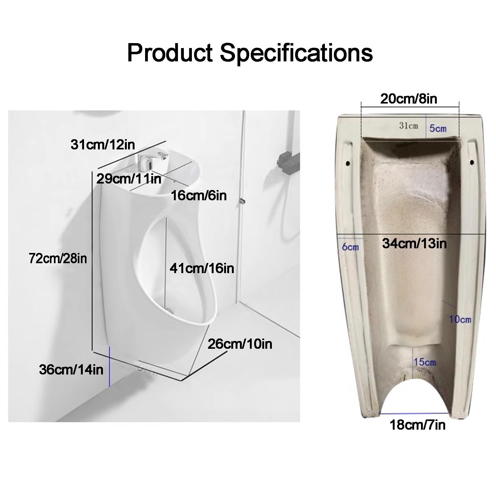 Orinal blanco montado en la pared para hombre con sensor de descarga fuerte de 72 cm de altura, ideal para el hogar y baños públicos, diseño eficiente de ahorro de agua