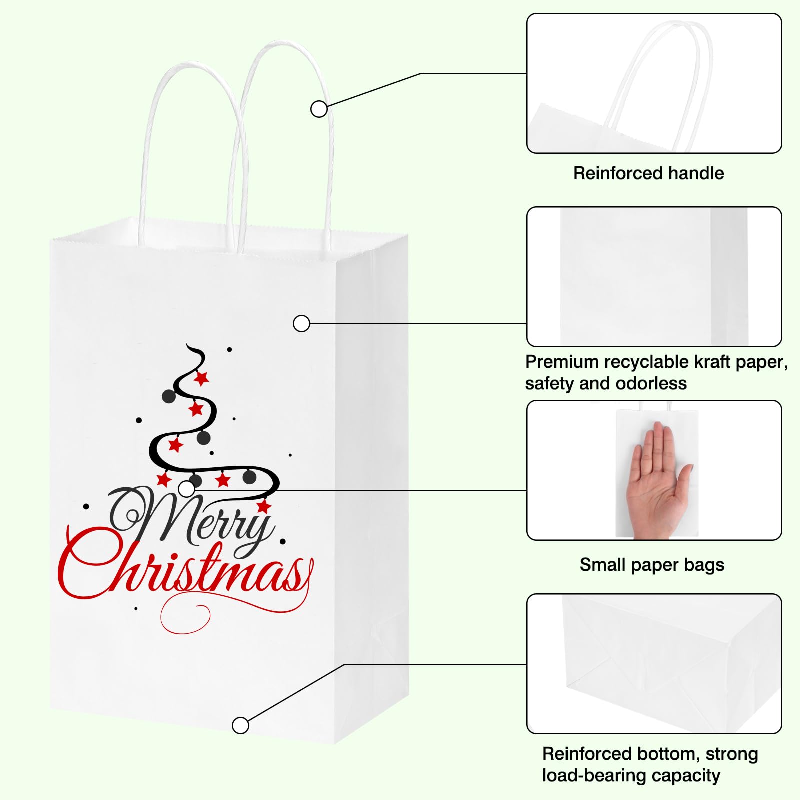 OUTUXED 240 bolsas de papel blancas con asas, 5.25 x 3.2 x 8 pulgadas, pequeñas bolsas de regalo blancas a granel para San Valentín, Navidad, compras, cumpleaños, bodas y fiestas de negocios