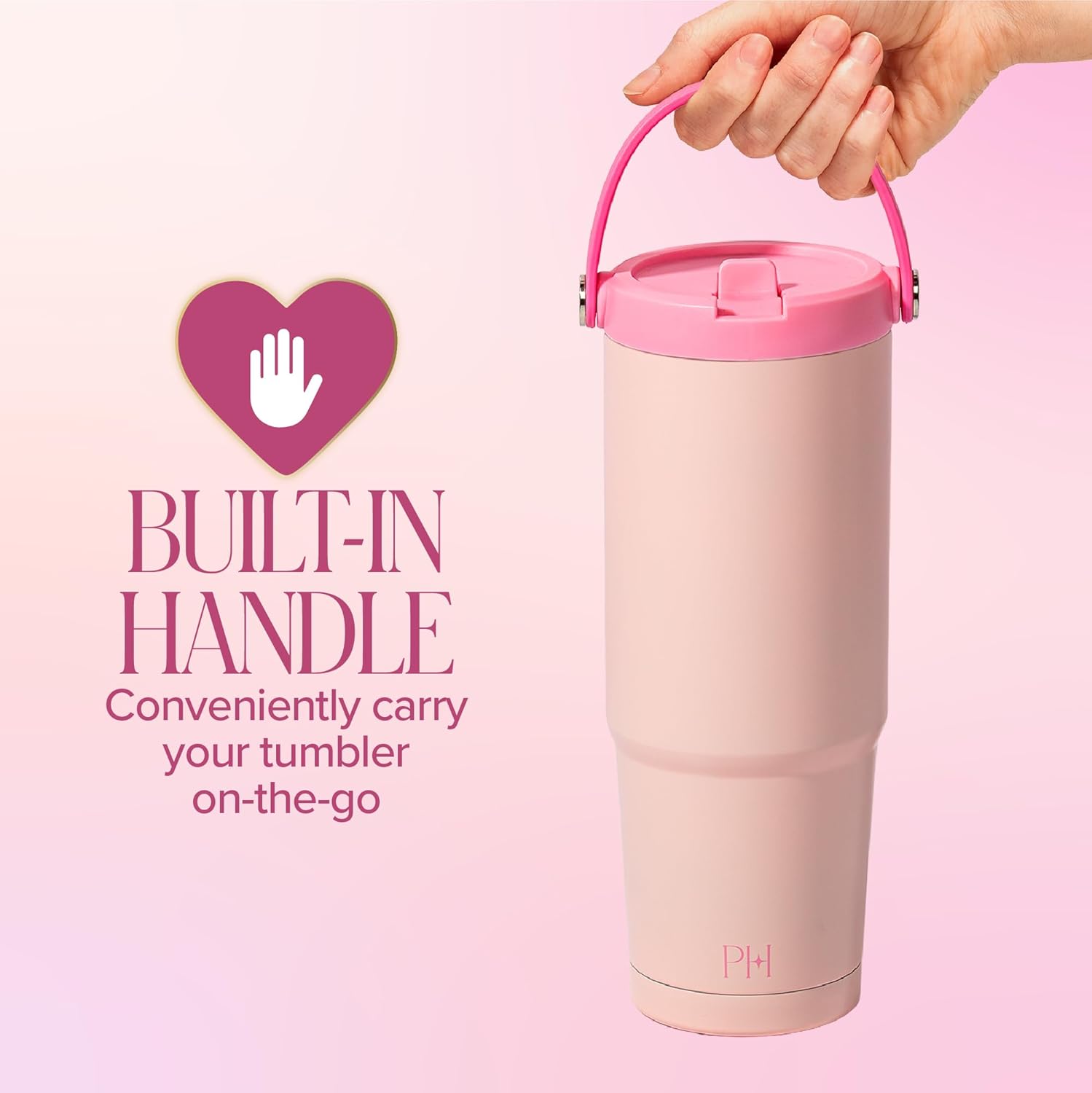 Paris Hilton 30 oz Insulated Water Bottle Tumbler with Flip-Up Straw Lid and Carry Handle, Double-Wall Vacuum Stainless Steel Tumbler Travel Cup, Pink