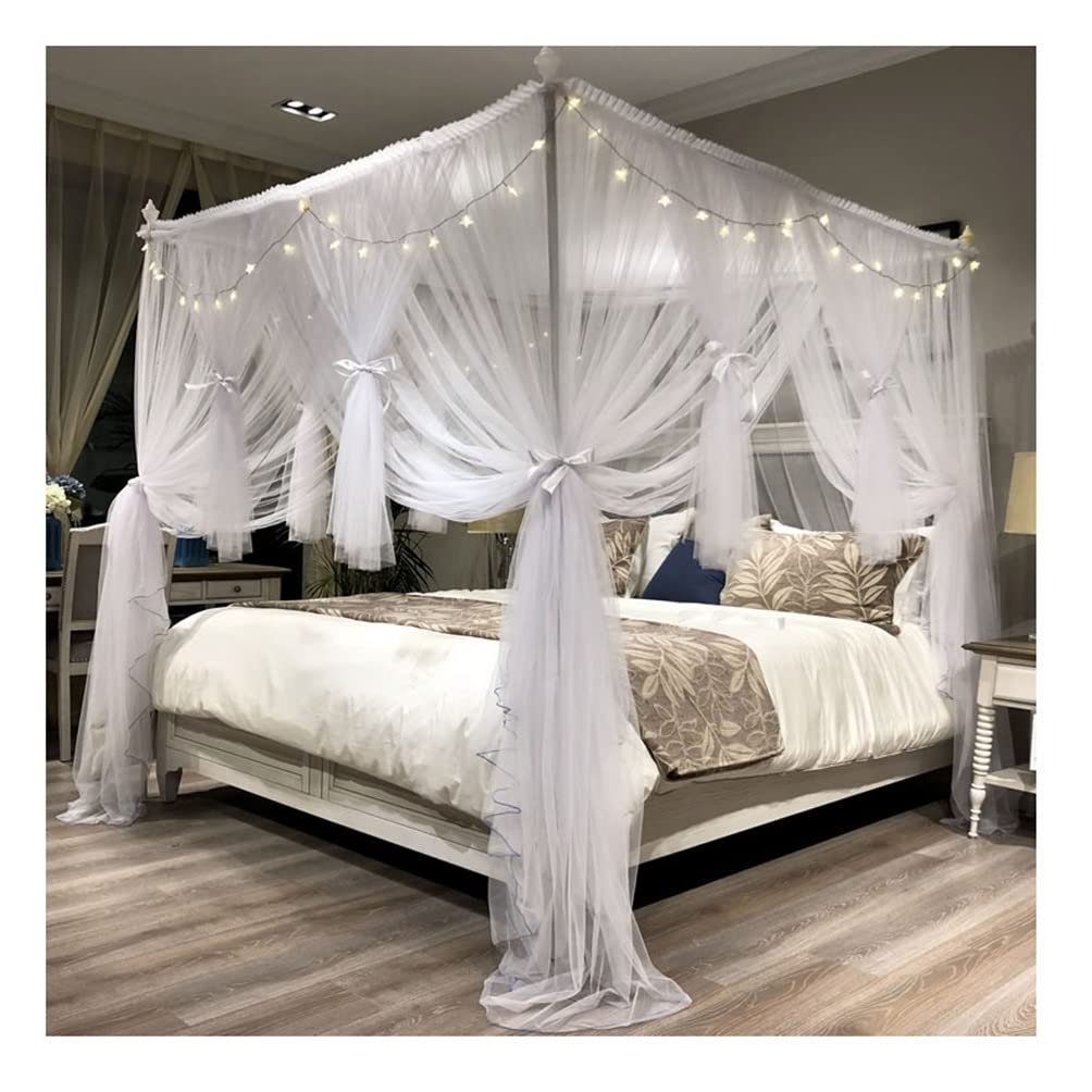 Dosel de cama de 4 postes para crear un dormitorio romántico con mosquitero blanco