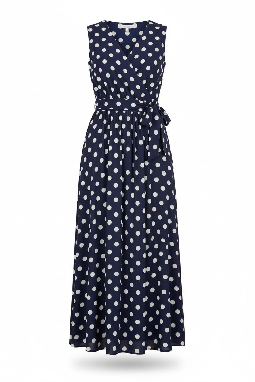 Yumi Navy Polka Dot Mesh Wrap Skater Dress with Pockets (UK, Numeric, 20, Regular, Regular, Navy)