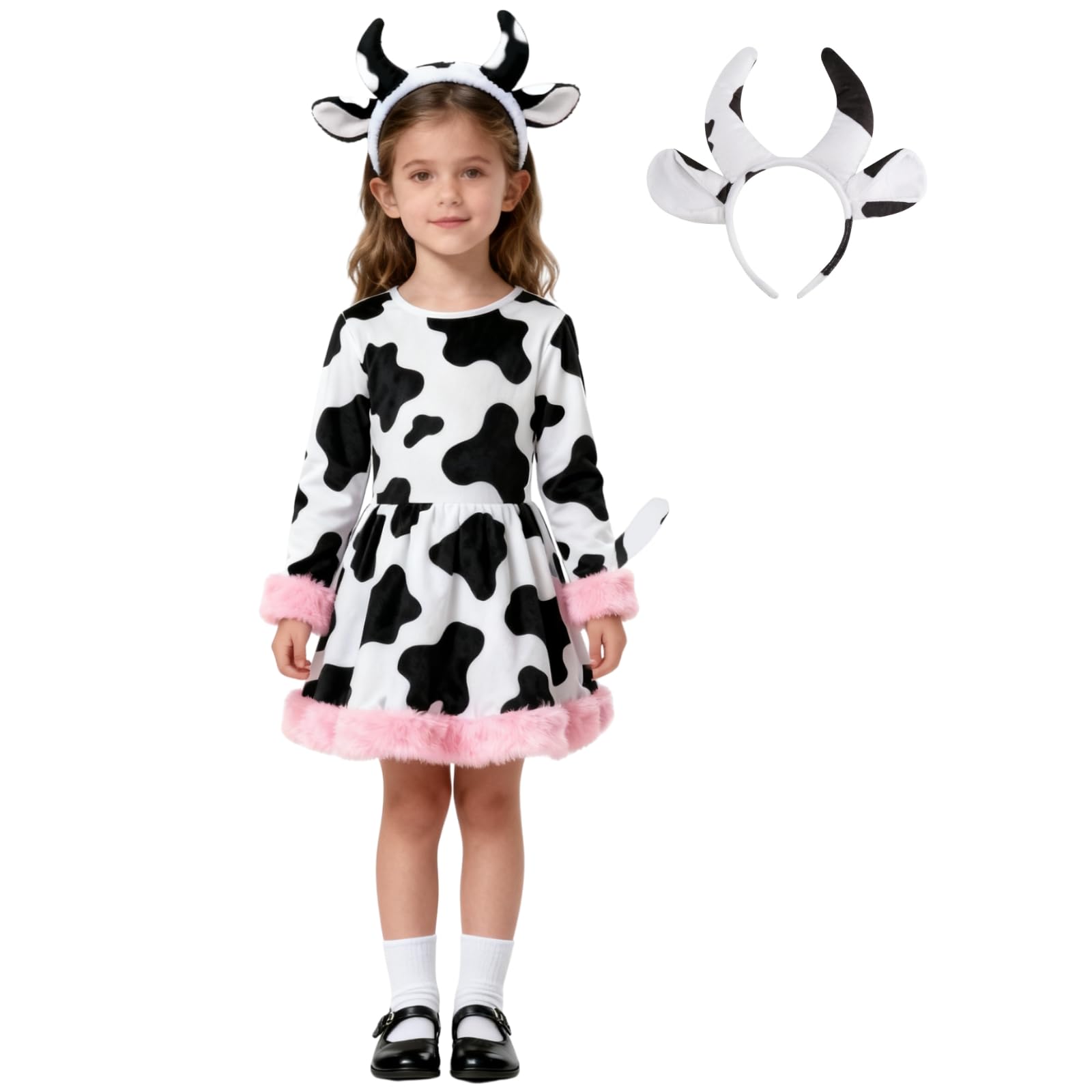 Girls Pink Cow Leopard Tiger Costumes with Headband Kids Animal Fancy Dress for World Book Day/Book Week, Halloween, Christmas and Birthday Theme Party