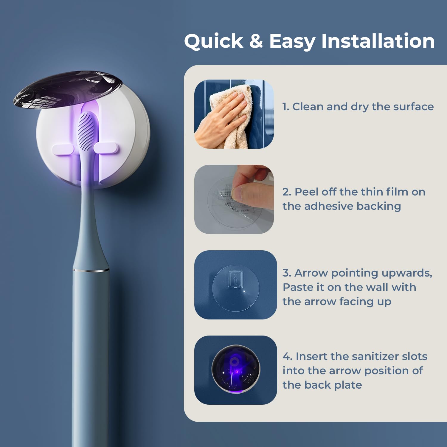 ODAY Sonic Spazzolino Elettrico per Adulti con Porta Spazzolino da Parete e 4 Testine, Ricarica Wireless, Impermeabile IPX7, 1 Mese+ Batteria, Blu