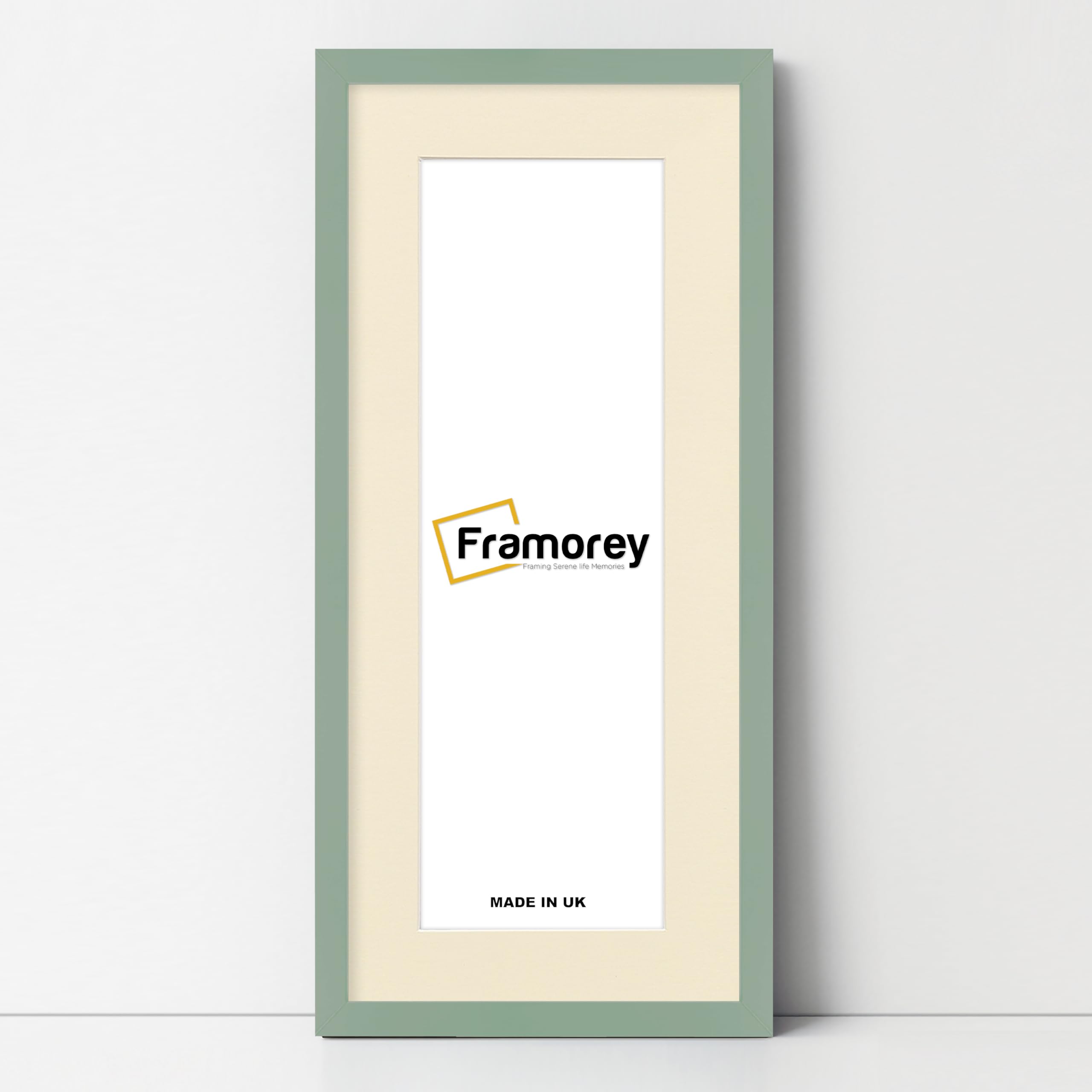 Framorey Framing Serene Life Memories Green With Ivory Mount Framorey Oxford Thin Picture Frame, 14X8" Green Photo Frame With 10X4" Ivory Mount, Art Poster Frame, Photo Print Frames, With A High Clarity Styrene Shatterproof Perspex Sheet