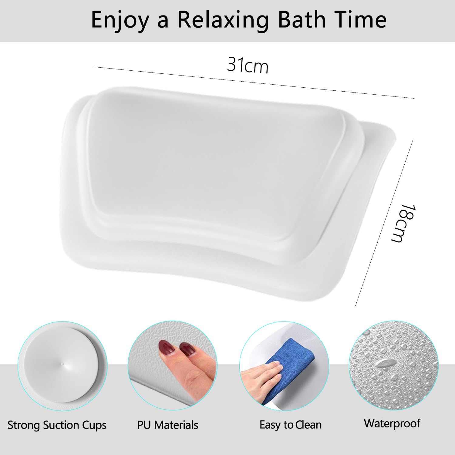 Cuscino da Bagno, Impermeabile, con Ventose Antiscivolo, Cuscino Vasca Impermeabile, Ergonomico, per Vasca da Bagno, Spa, Supporto per Collo e Testa - Bianco