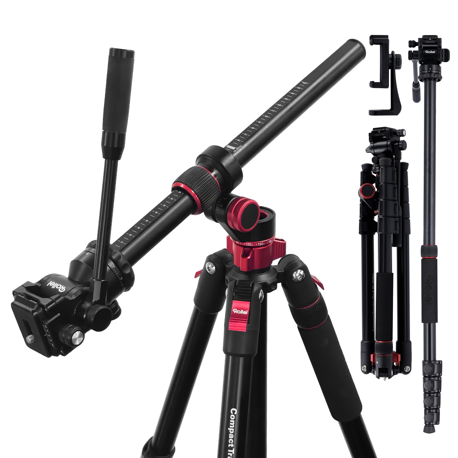 Rollei Compact Traveler No.2 XL Video Stativ Kamera mit Auslegearm 212cm Aluminium Kamerastativ mit Fluidkopf & Einbeinstativ Dreibeinstativ mit Handhalterung, Kamera-Stativ-Camera-Tripod-Fotostativ