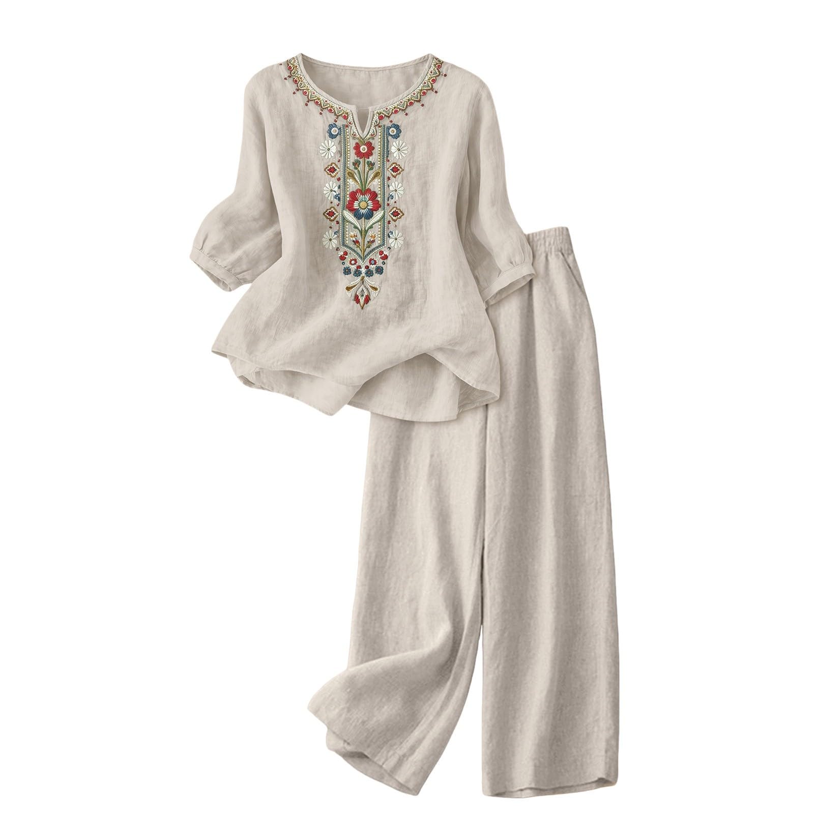 Conjunto Chandal Deportivo Mujer Verano Moda Algodón y Lino Suelto Pantalon y Blusa 2026 Fresco y Transpirable Vacaciones Ropa para El Hogar Fiesta Oficina Negocios Vestir Playa