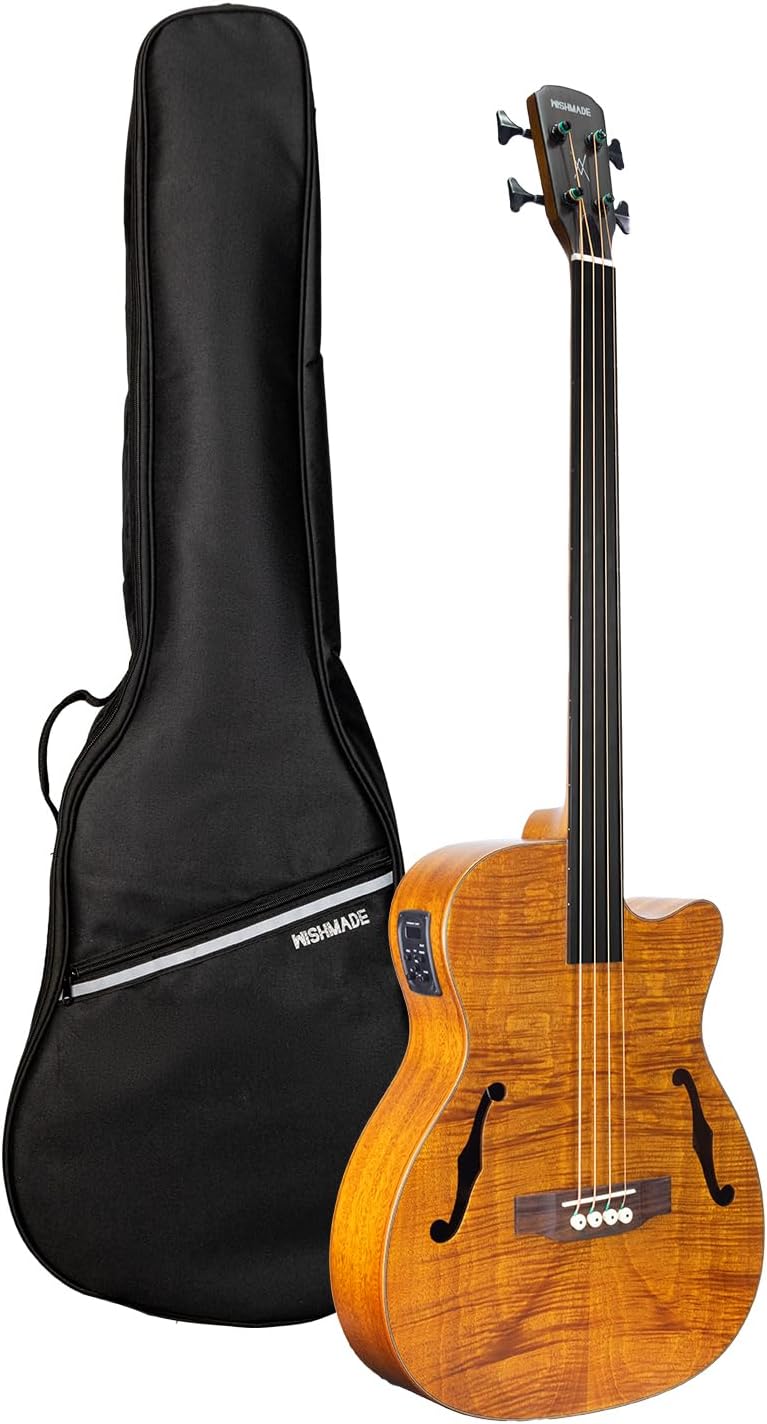 WishMade Acoustic Fretless Bass Guitar Hollow Body With F-Holes 4 String Lightweight Bass Guitar for adults, Flamed Maple Top With Gig Bag（NAT FL）