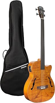 WishMade 4 String Fretless Acoustic Electric Bass Guitar for Adults Hollow Body with F-Holes Natural Flamed Okoume Top Full Size Guitarra Matte Finish