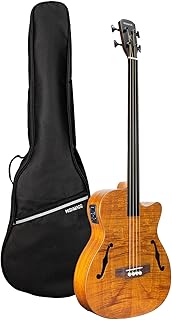 WishMade Acoustic Fretless Bass Guitar Hollow Body With F-Holes 4 String Lightweight Bass Guitar for adults, Flamed Maple Top With Gig Bag（NAT FL）