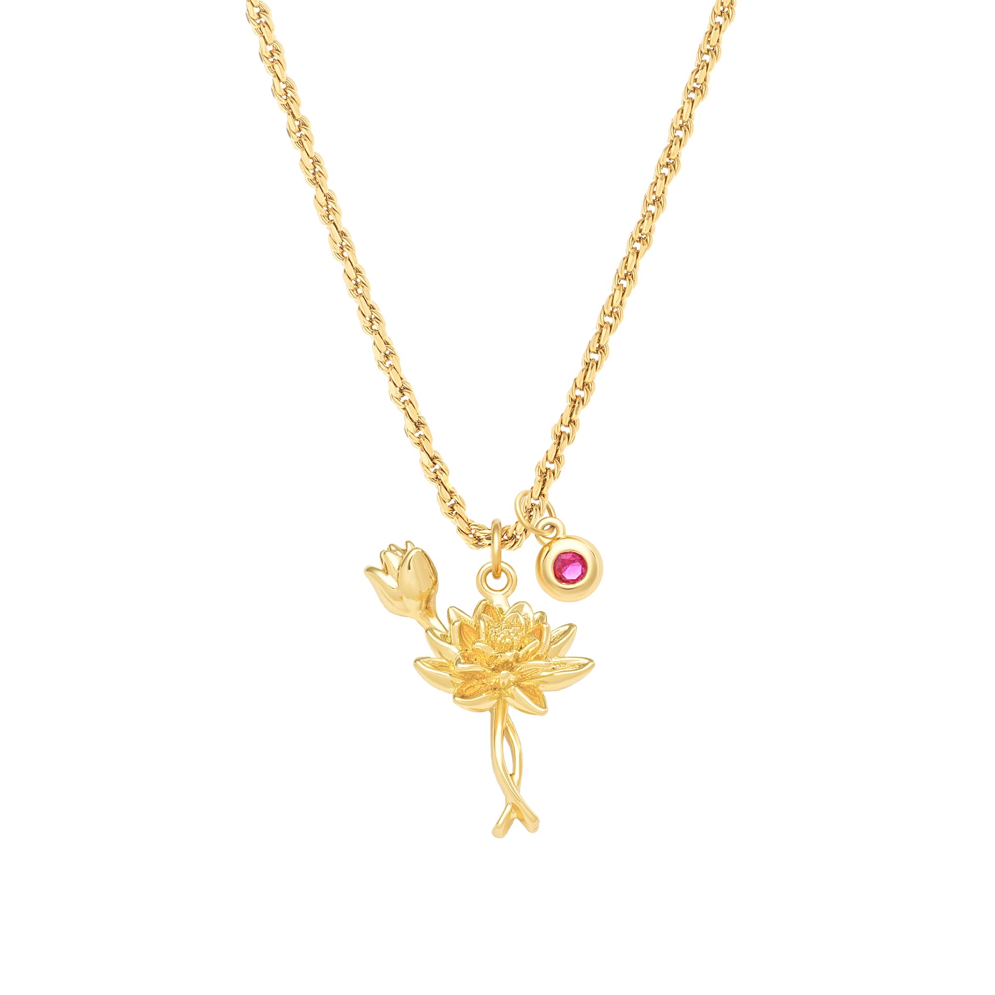 MYEARS Women Birth Flower Necklace Gold Birthstone 12 Month Bouquet Pendant Floral 18K Gold Vacuum Filled 2MM Twist Rope Chain Personalized Jewelry Birthday