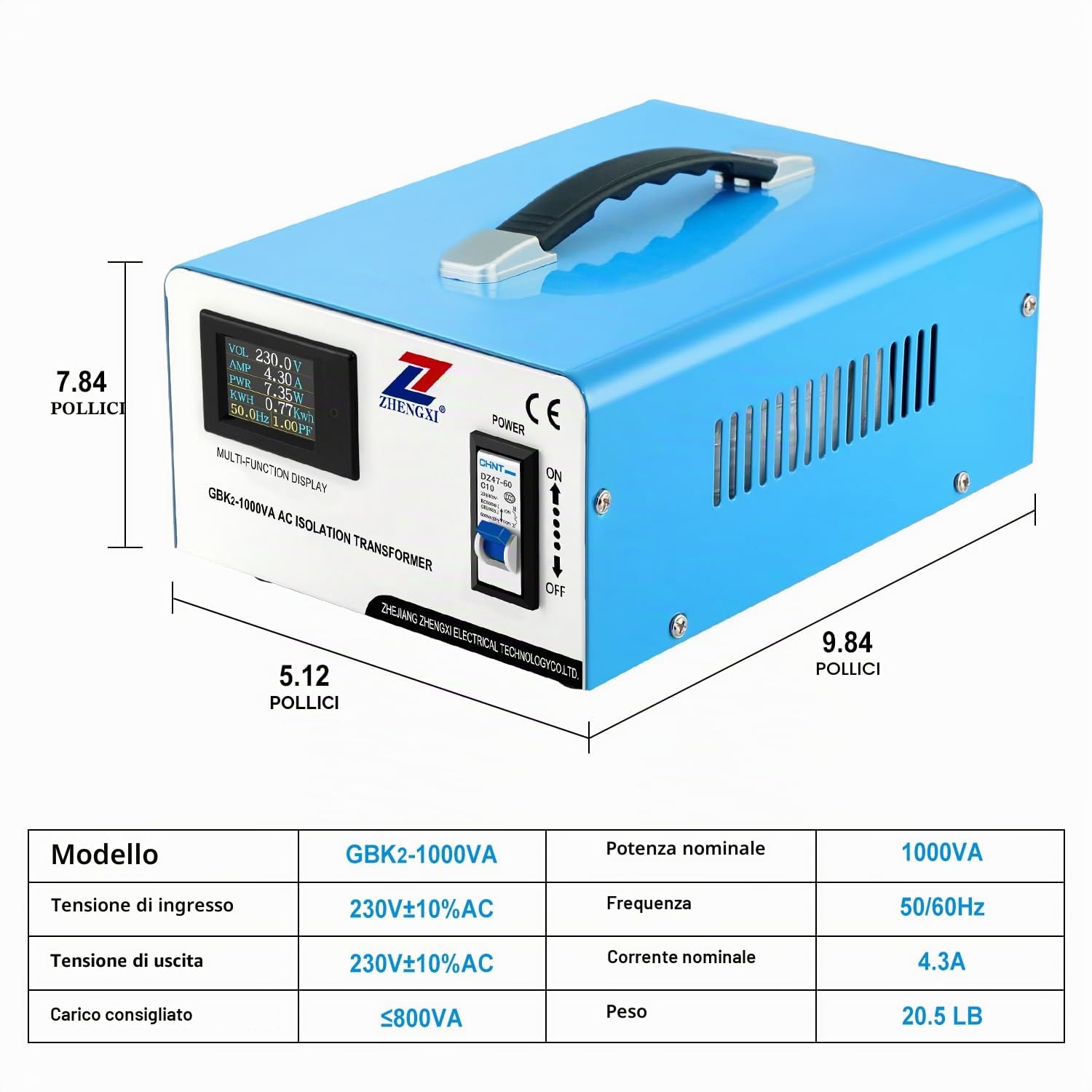 ZHENGXI ELECTRIC Trasformatore di separazione 230 V, trasformatore da 1000 W, display HD, senza Nose, 2 prese di uscita