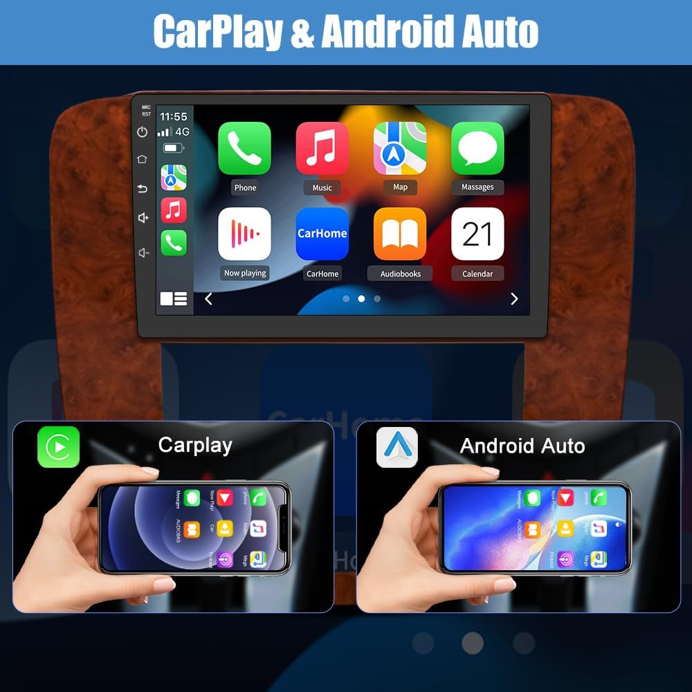 CarPlay and Android Auto interfaces displayed on the car stereo screen, with phones showing their respective interfaces.
