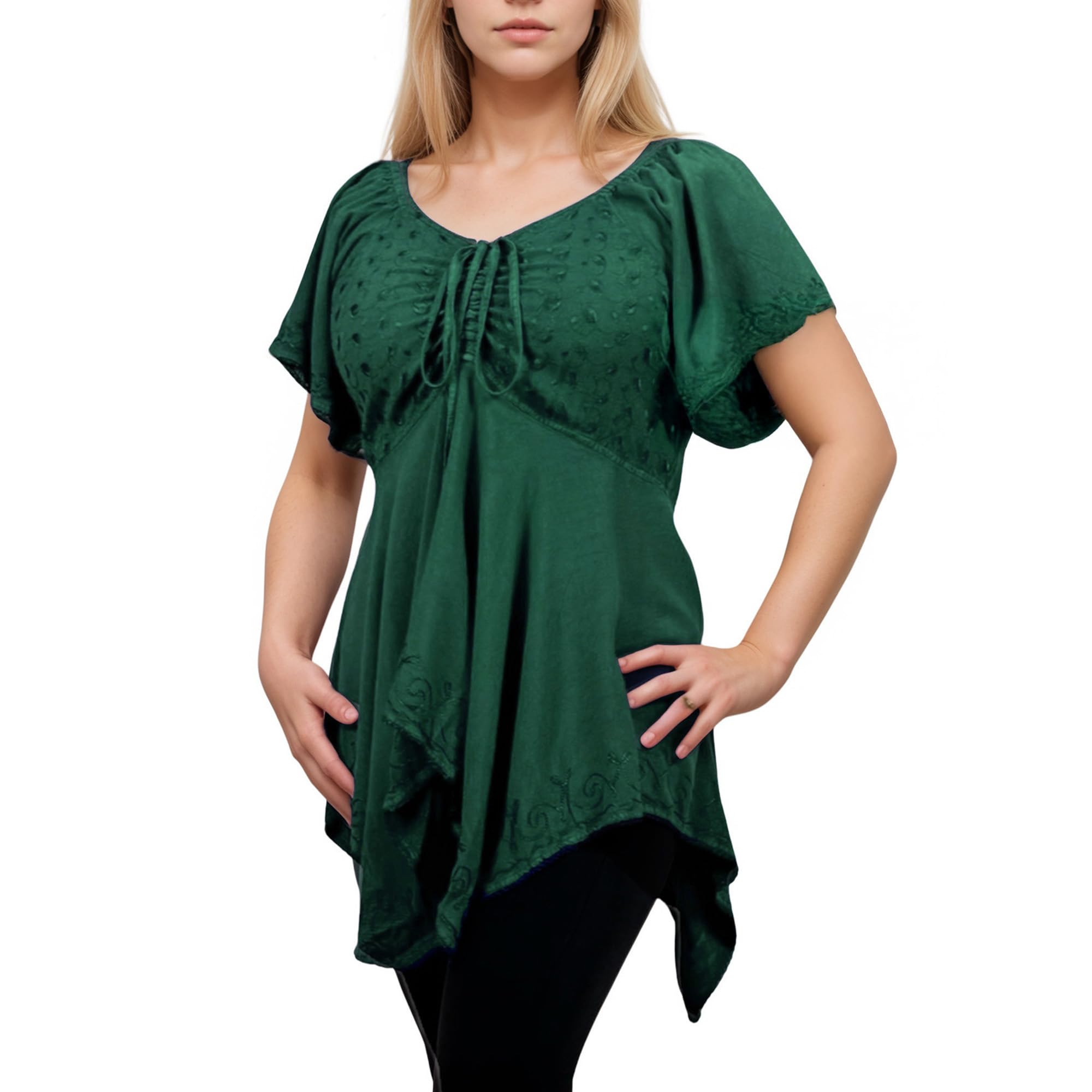 Agan Traders2025 Summer Asymmetrical Handkerchief Diamond Neck Embroidered Tops - Empire Waist Cap Sleeve Women's Blouse