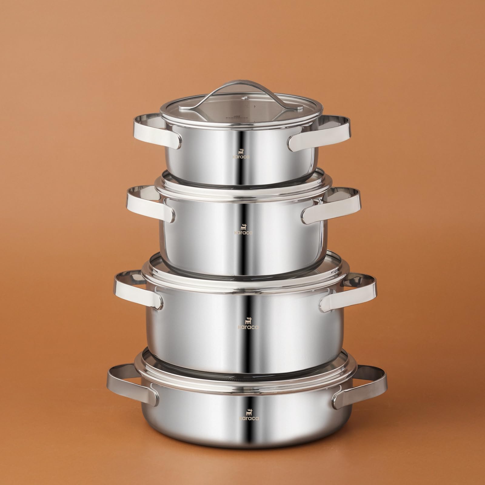 Karaca Culinara - Set di 8 pentole a induzione in acciaio INOX, 3 strati, colore: argento