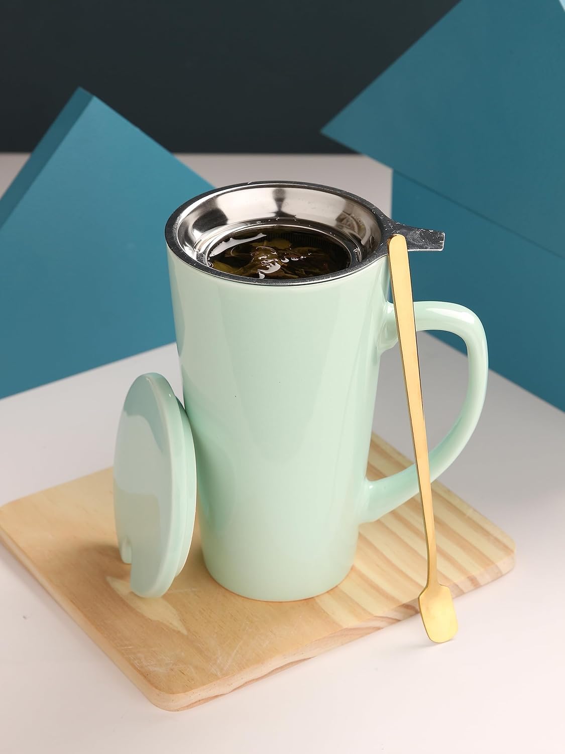 Taza de té de porcelana de 15 onzas con infusor, tapa y cuchara, taza de té de hojas sueltas, color verde menta