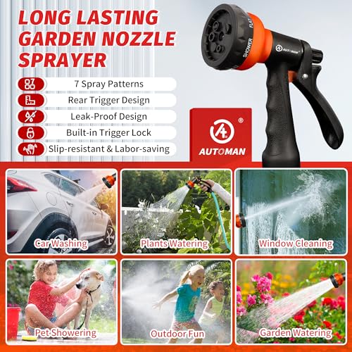 Image of AUTOMAN-Garden-Hose-Nozzle, 2 Pack ABS Water Spray Nozzle with Heavy Duty 7 Adjustable Watering Patterns,Slip Resistant for Watering Plants,Lawn& Garden,Washing Cars,Cleaning, Orange