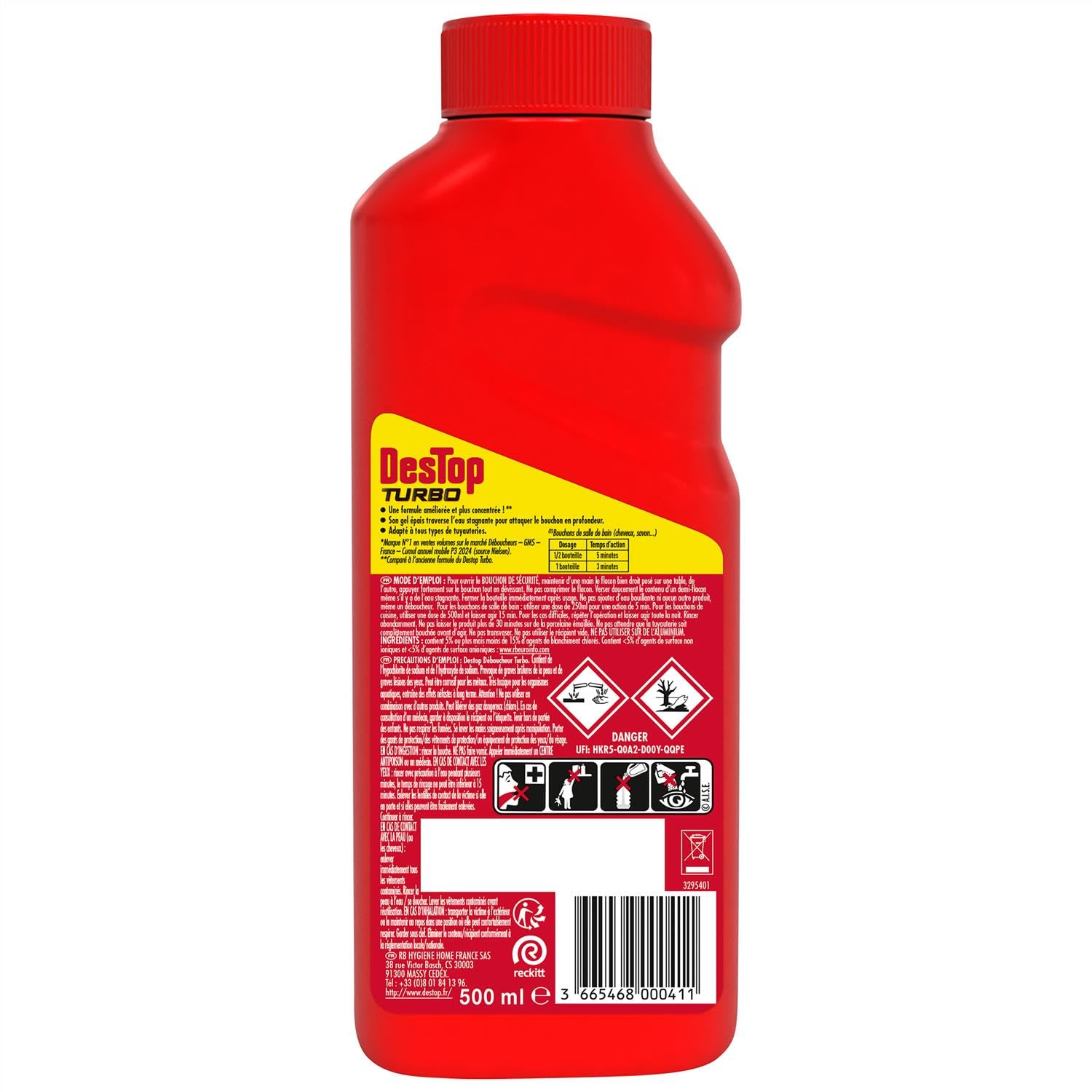 DESTOP - Gel désinfectant et déboucheur canalisation Turbo 5 min - 2 doses - Lot de 5 x 500ml