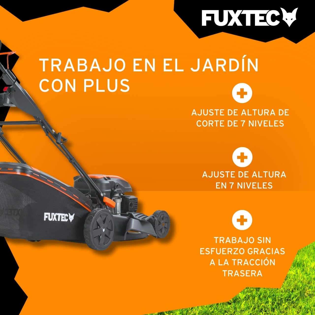 FUXTEC Cortacésped autopropulsado de Gasolina con Arranque eléctrico FX-RM5170eS 4en1-170 cm3 4CV, 4 Tiempos, Ancho de Corte 51 cm, Alto de Corte 7 Pos. 60L, Función Mulching & Descarga Lateral