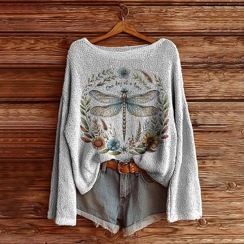 Fall Sweaters for Women 2025 Boho Knit Tops Vintage Graphic Print Shirts Long Sleeve Casual Cute Pullover Sweatshirts2