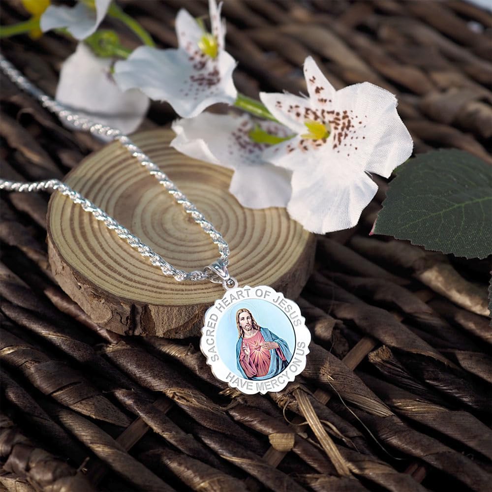 PicturesOnGold.com Sacred Heart of Jesus Scalloped Religious Medal Color - 1 Inch Size of a Quarter -Solid 14K Yellow Gold WITH ENGRAVING - Image 8