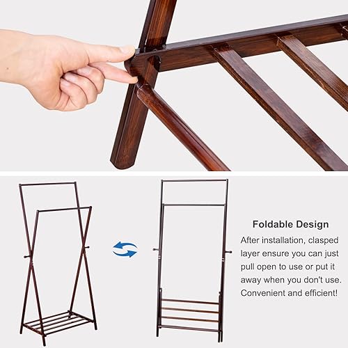 Miniatura 3 de COPREE Estante plegable de bambú para colgar ropa y abrigos, soporte plegable para ahorrar espacio con 2 barras superiores y estantes inferiores