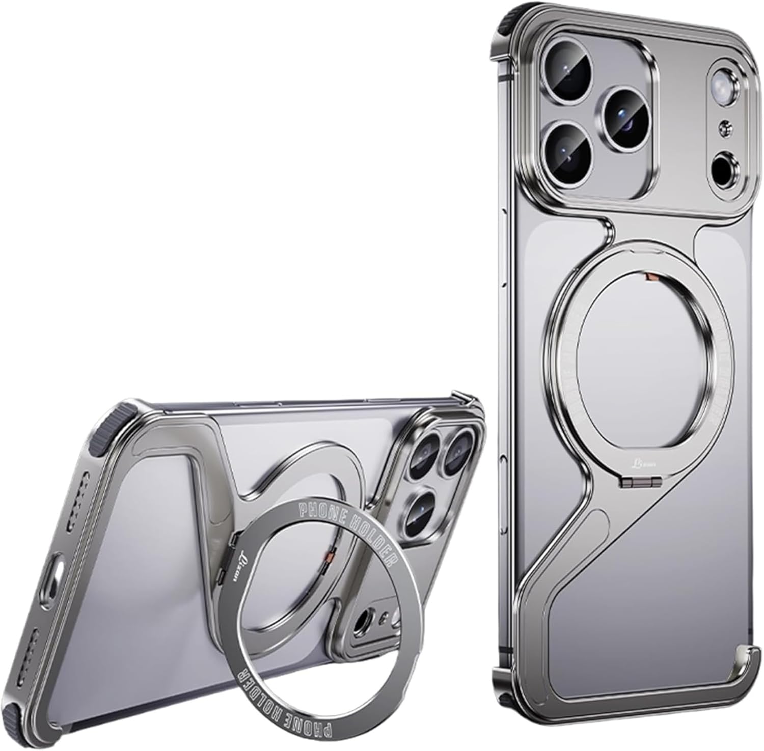 Case for iPhone 17 Pro Max, Z Shape Aluminum Backless Frame Lightweight Shockproof Ring Stand Heat Dissipation Minimalist Bumper, Gray