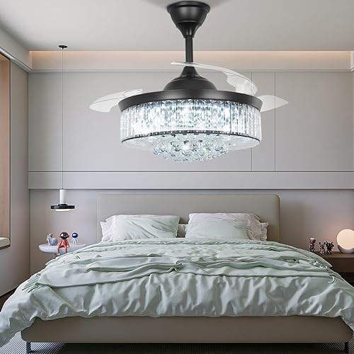 42'' Fandelier Ceiling Fans with Lights and Remote,Gold Semi Flush Mount Fan Light,Low Profile Ceiling Fans,Retractable Crystal Chandelier Fan(Crystal Black)