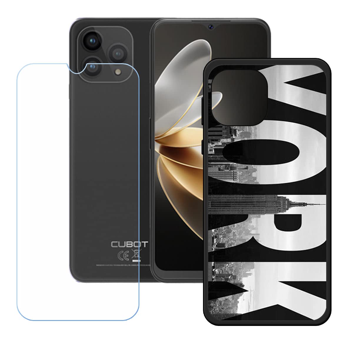 Custodia per Cubot P80 (6,58) + Protezione per Schermo, Nero + Traslucido Morbido TPU Silicone Case Gel Sottile Cover + [4 Pezzi] Pellicola Protettiva in Vetro Temperato
