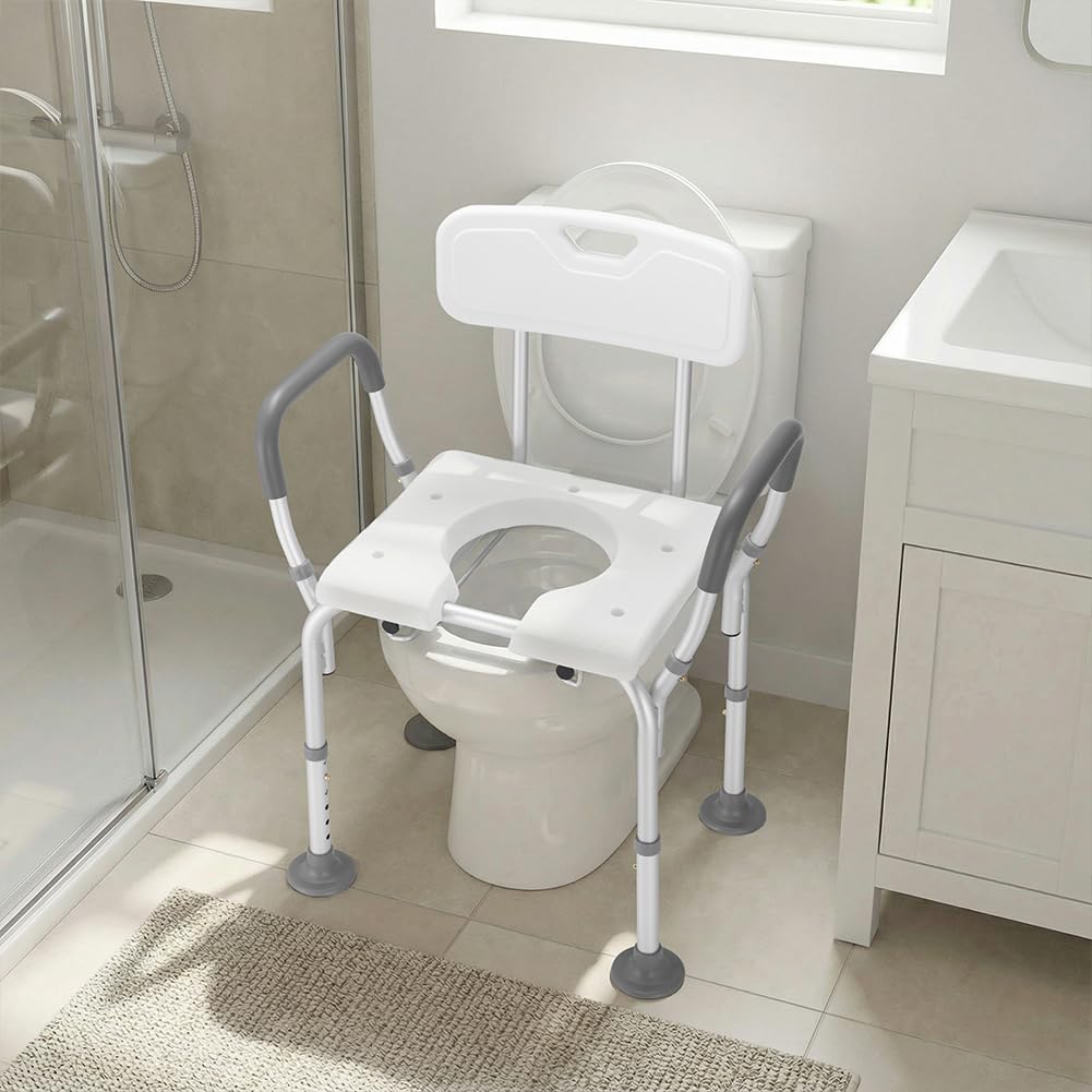 BAKAJI Sedia Sgabello WC da Bagno Doccia in Alluminio per Anziani, Disabili e Persone Mobilità Ridotta, Seduta Ergonomica e Maniglie di Ausilio, Secchio Coperchio Rimovibile Altezza Regolabile 73–85cm