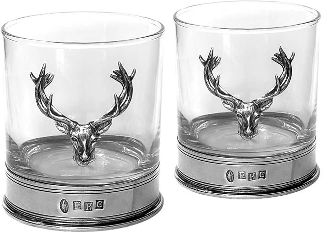 English Pewter Company Double Whiskey Glass Tumbler Set with Pewter Stag Head and Base [STAG105]
