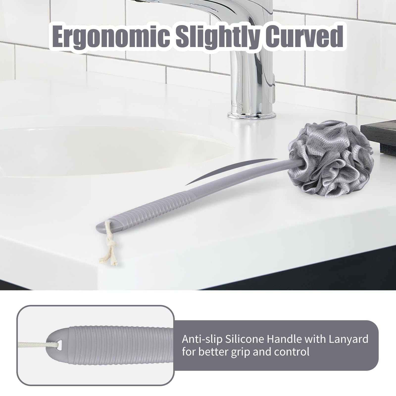 VANZAVANZU Set di Spugne di Luffa, Esfoliante Corpo, Manico di Plastica Antiscivolo da 17" con Spugna da Doccia Soffice, Spugne da Doccia in Morbida Rete PE-Grigio con bordo bianco