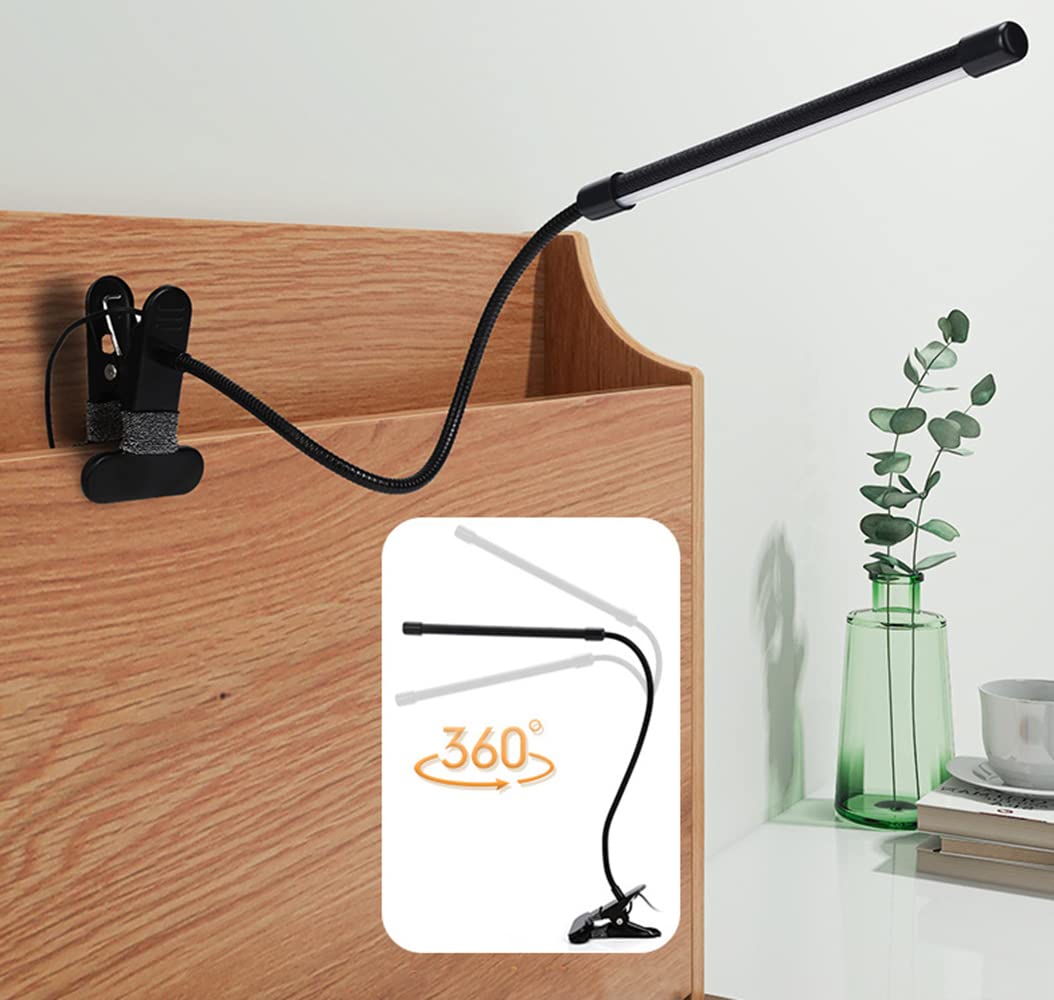 Meichoon Desk Lamp with Clamp Desktop Clip-On LED Illuminating Light Flexible Metal Hose Eye-Caring Table Lamp for Bedroom Bedside Office Study Work Reading Embroidery UK10 Black - Image 3