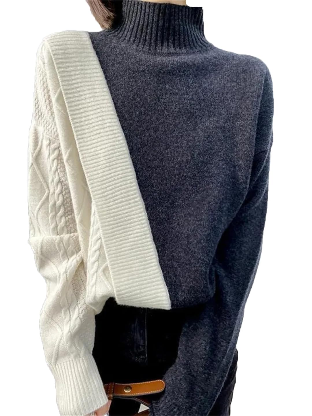 Damski sweter jesień zima kontrastowy kolor szwy golf sweter