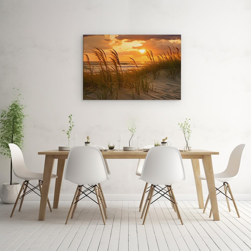 Canvas for Living room. Sunset Serenity � Pathway Through the Whispering Grasses to the Symphony of Waves, 27 x 18 inch Canvas Wall Art - Surrealistic Visions - Modern Home Decor