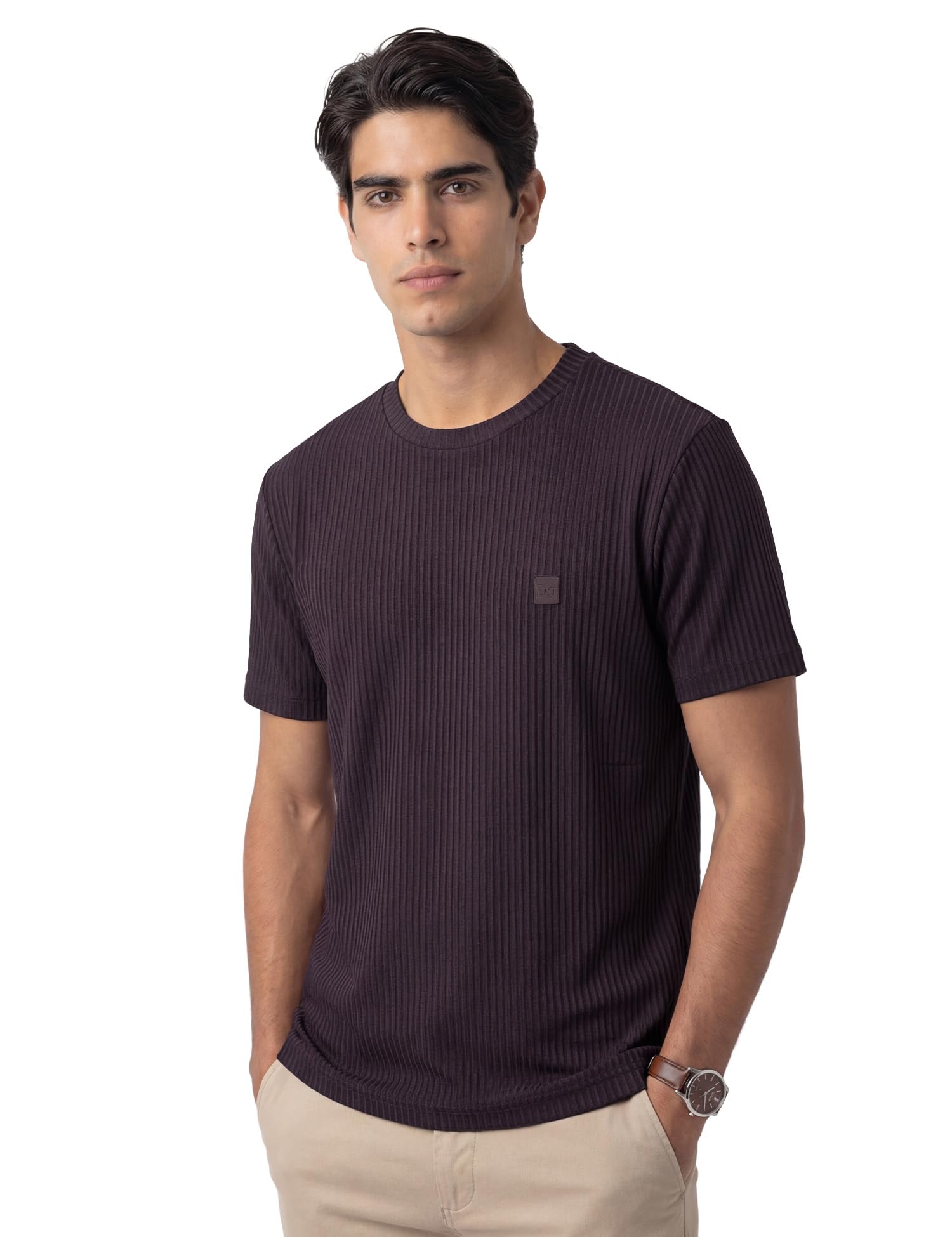 damensch Men's Striped Texture, Cotton-Rich Comfort, Regular Fit, Solid Colours Striped T-Shirts-picture-30