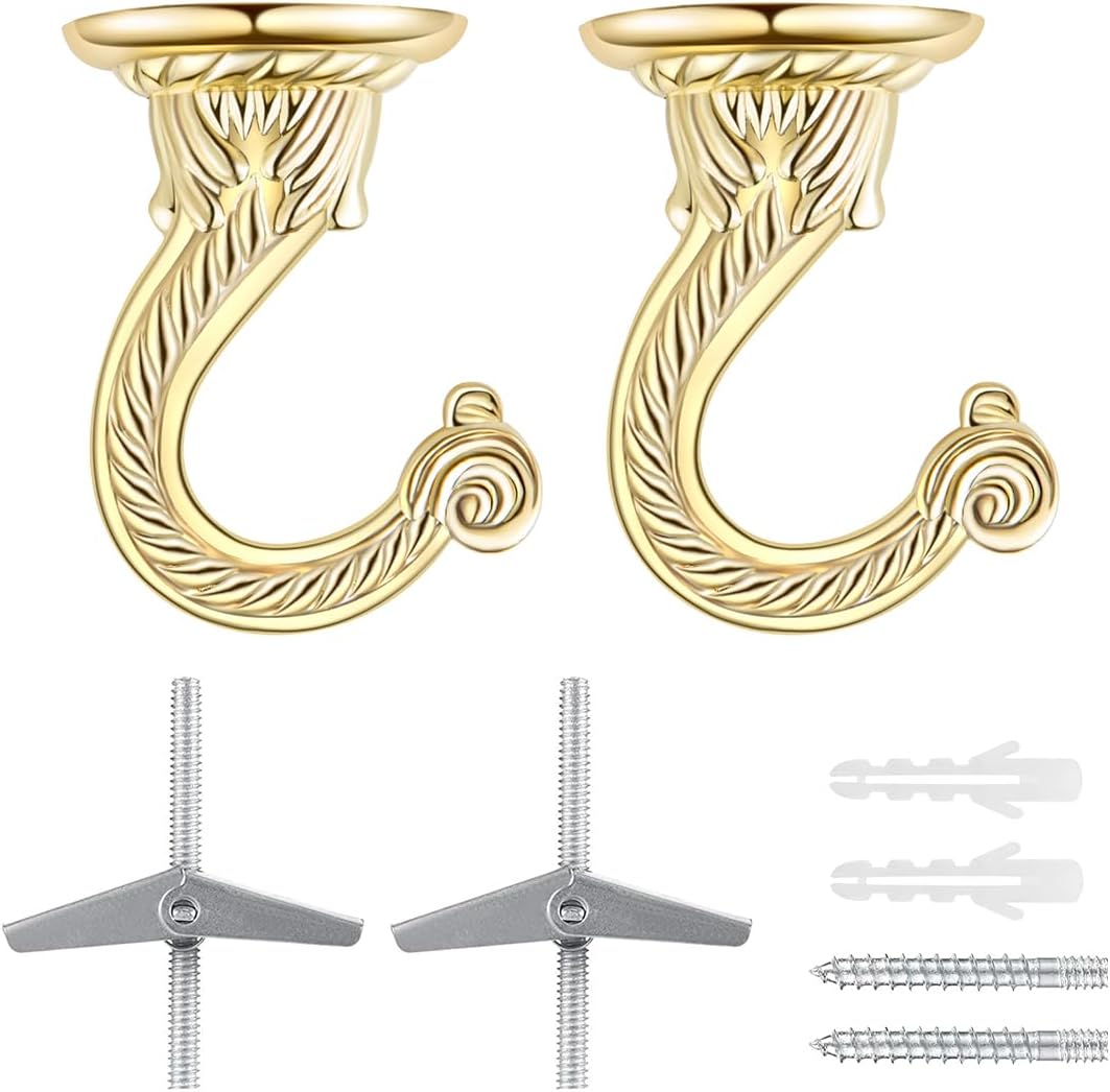 2 Sets Large Swag Ceiling Hooks Heavy Duty Swag Hook with Hardware for Hanging Plants Ceiling Installation Cavity Wall Fixing (2 Sets Gold)