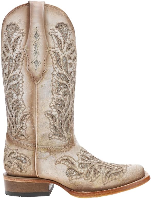Corral Boots Womens Glitter Inlay Embroidered Square Toe Casual Boots Mid Calf Mid Heel 2-3" - White
