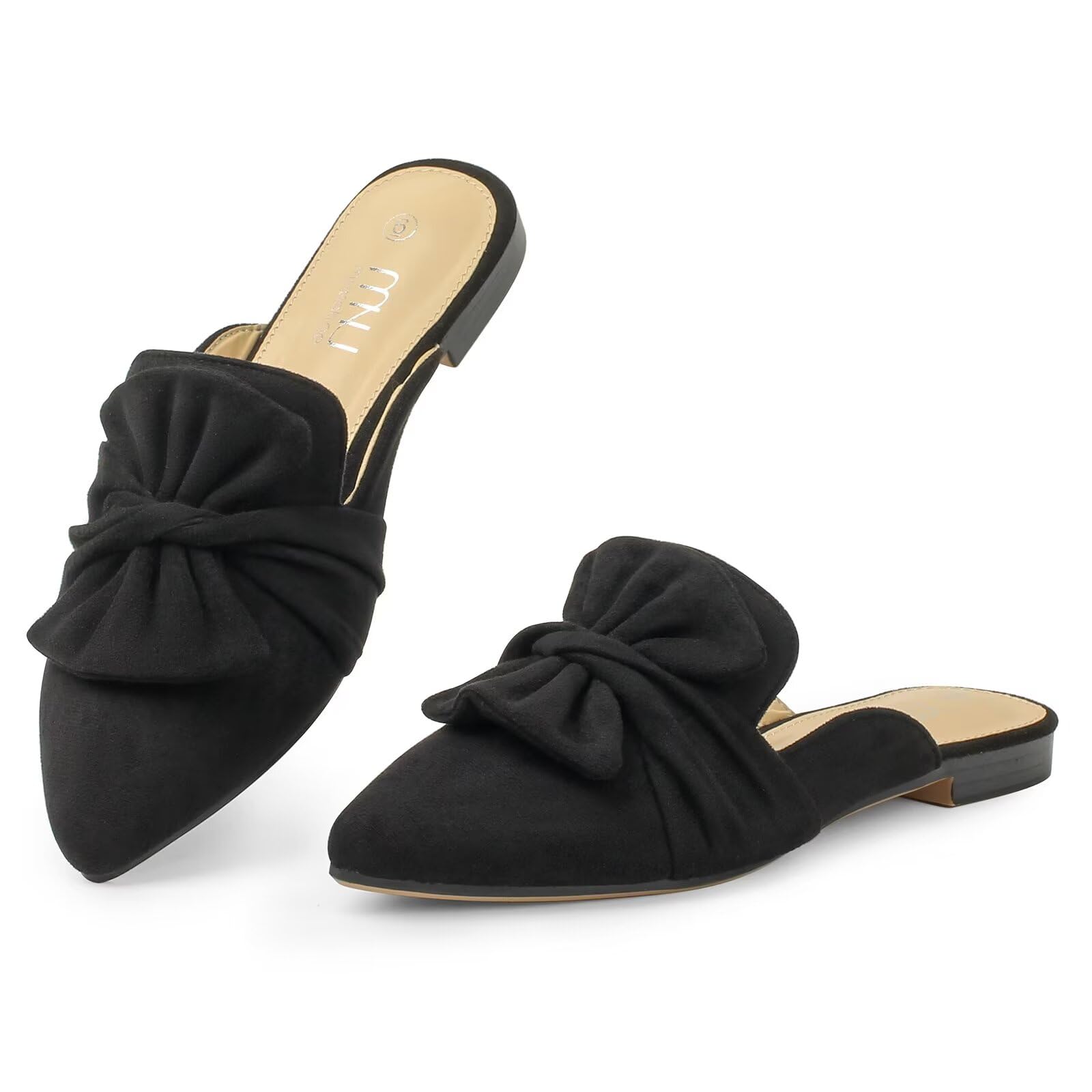 MUSSHOE Suede Bowknot Mules for Women: Comfortable Lightweight Pointed Toe Slip On Flats - Non-Slip Dressy Backless Loafers for Office Business &